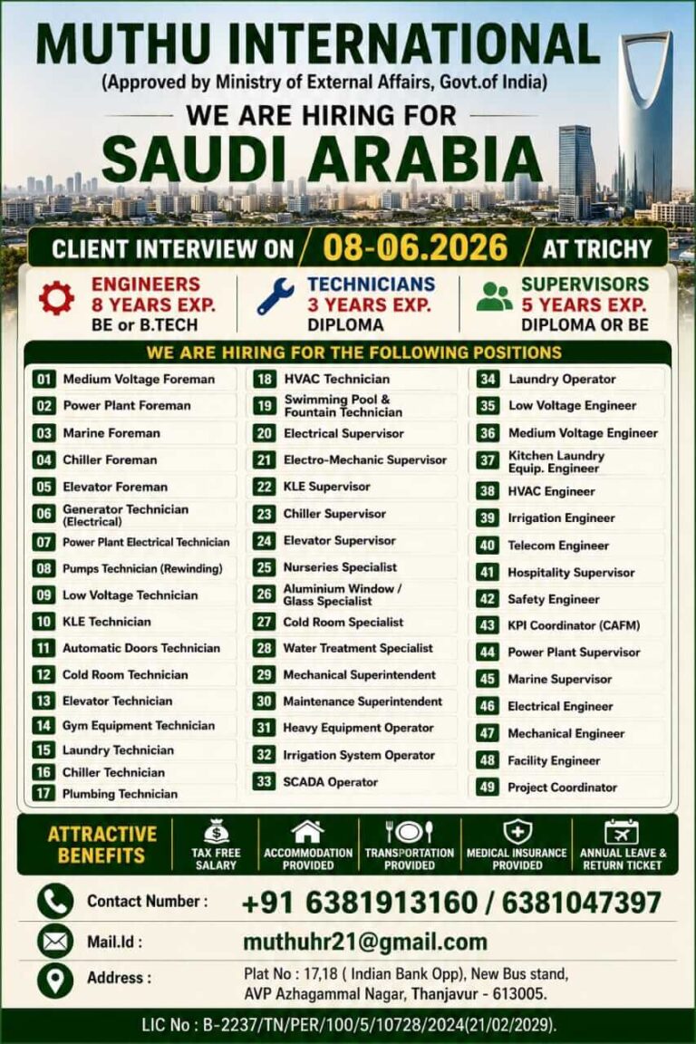 Saudi Arabia Facility Management Jobs 2026 – Client Interview at Trichy on 08 June 2026