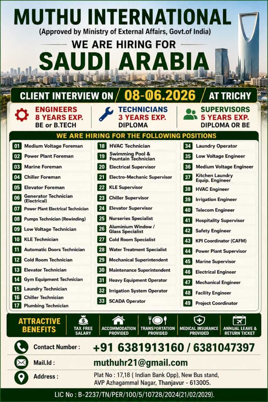 Saudi Arabia Facility Management Jobs 2026 – Client Interview at Trichy on 08 June 2026