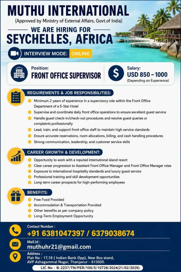 Seychelles Front Office Supervisor Recruitment 2026 – Apply for Luxury Resort Job Opportunity