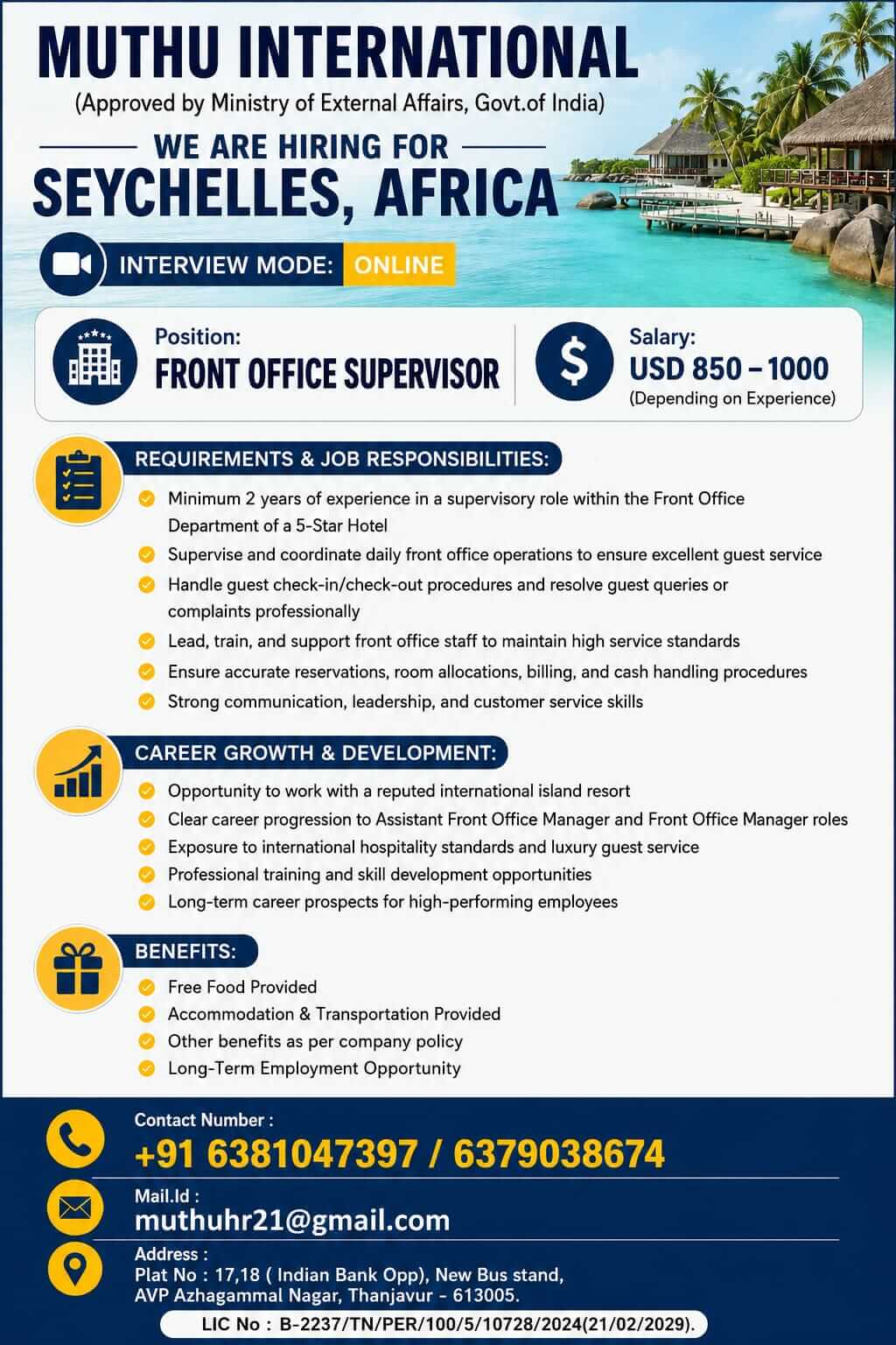Seychelles Front Office Supervisor Recruitment 2026 – Apply for Luxury Resort Job Opportunity