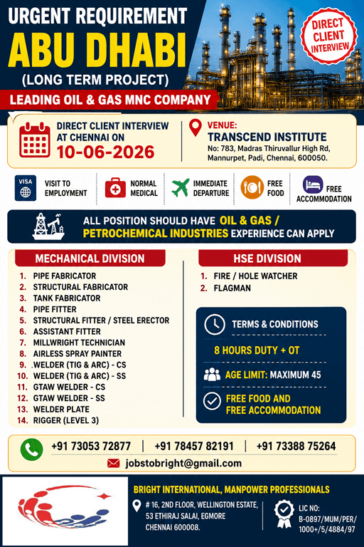 Abu Dhabi Oil & Gas Company Recruitment 2026 – Direct Client Interview in Chennai |