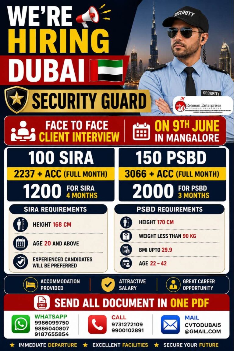Dubai Security Guard Jobs 2026 – Face-to-Face Client Interview in Mangalore on 9th June