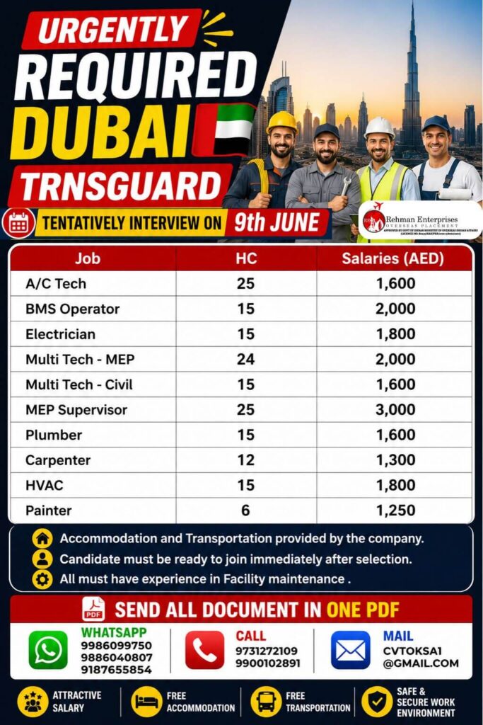 Dubai Transguard Facility Maintenance Jobs 2026 – Urgent Recruitment | Interview on 9th June