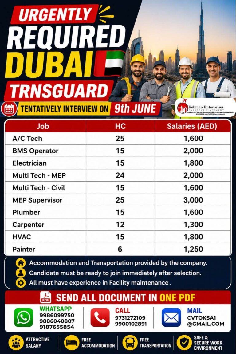 Dubai Transguard Facility Maintenance Jobs 2026 – Urgent Recruitment | Interview on 9th June