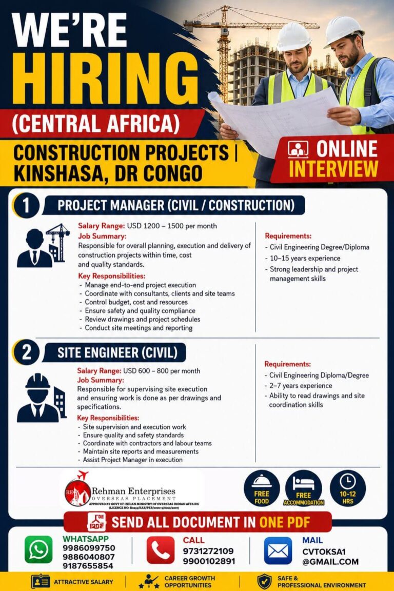 Central Africa Construction Jobs 2026 – Kinshasa, DR Congo | Online Interview | Free Food & Accommodation
