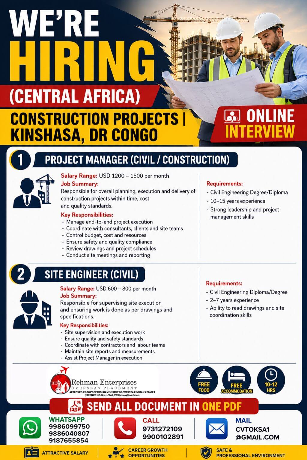 Central Africa Construction Jobs 2026 – Kinshasa, DR Congo | Online Interview | Free Food & Accommodation