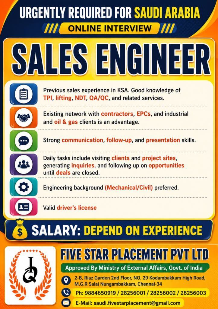 Saudi Arabia Sales Engineer Jobs 2026 – Online Interview | Apply Now