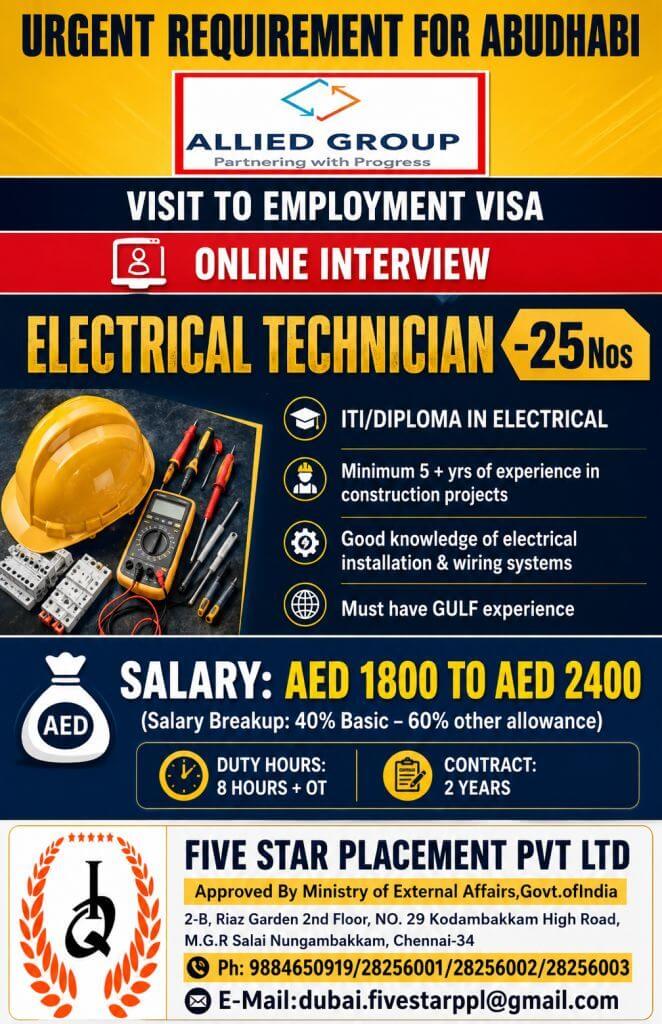 Abu Dhabi Allied Group Recruitment 2026 – Electrical Technician Jobs | Online Interview