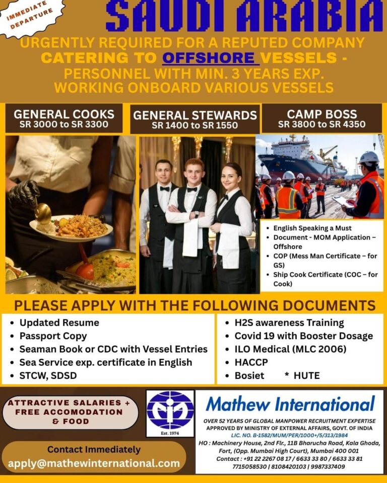 Saudi Arabia Offshore Vessel Catering Jobs 2026 – General Cooks, General Stewards & Camp Boss Vacancies