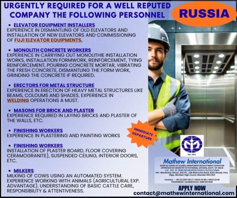 Russia Elevator & Construction Jobs 2026 – Urgent Hiring for Multiple Positions