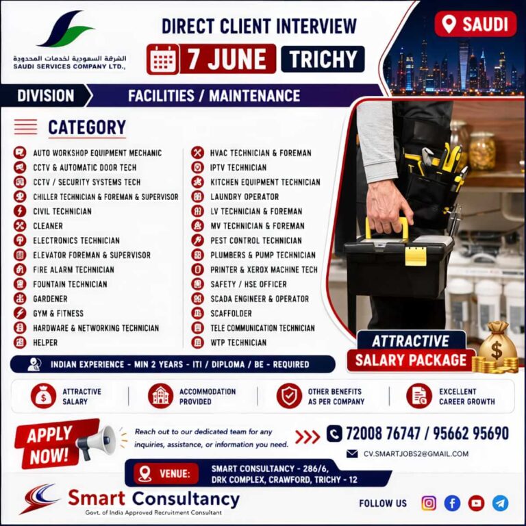 Saudi Facilities & Maintenance Jobs 2026 – Direct Client Interview in Trichy on 7 June
