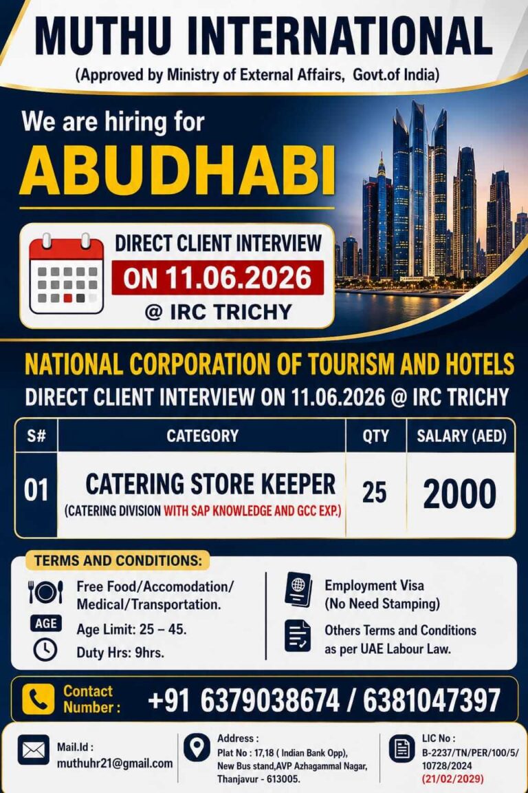 Abu Dhabi Catering Store Keeper Jobs 2026 – Direct Client Interview on 11 June 2026