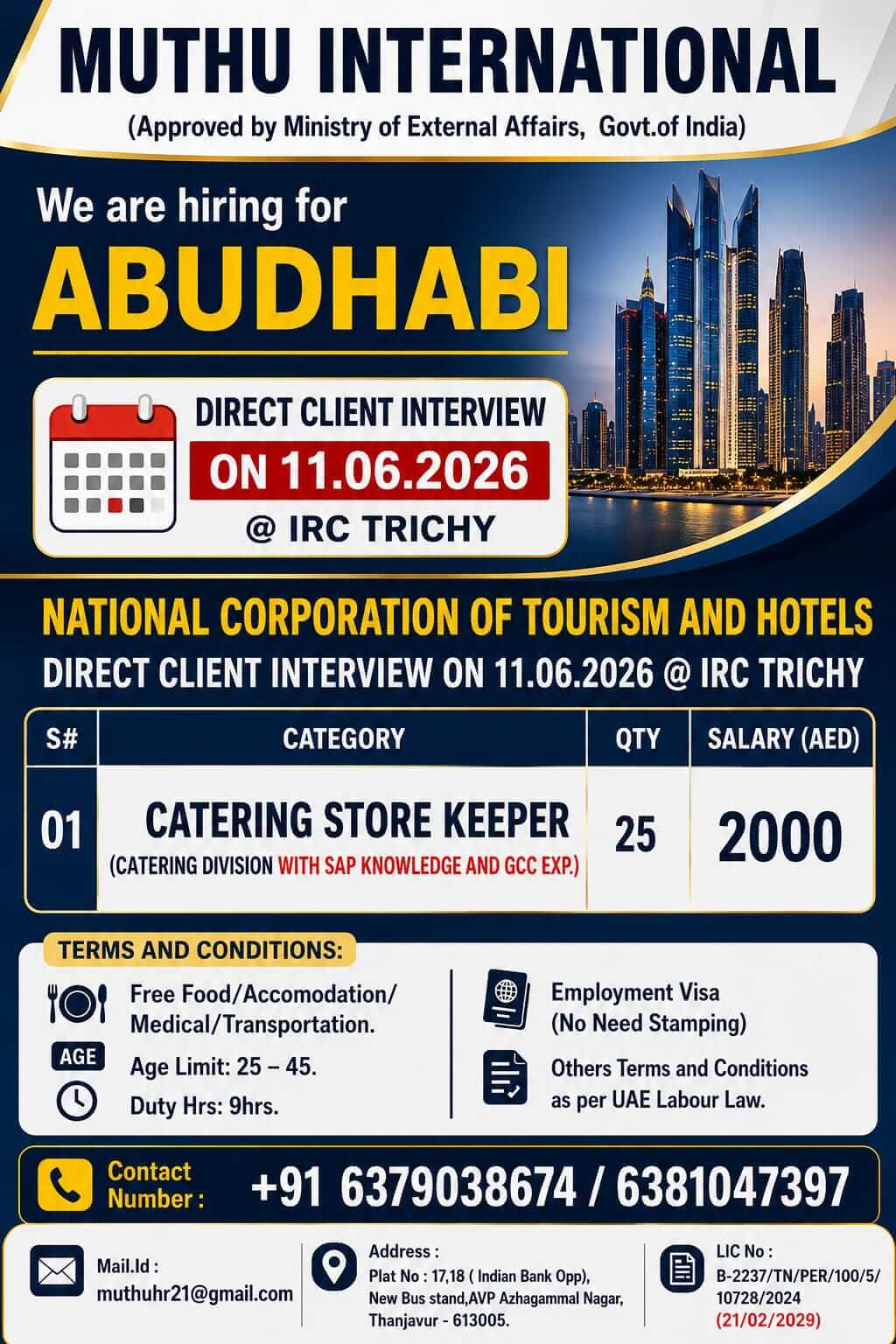 Abu Dhabi Catering Store Keeper Jobs 2026 – Direct Client Interview on 11 June 2026