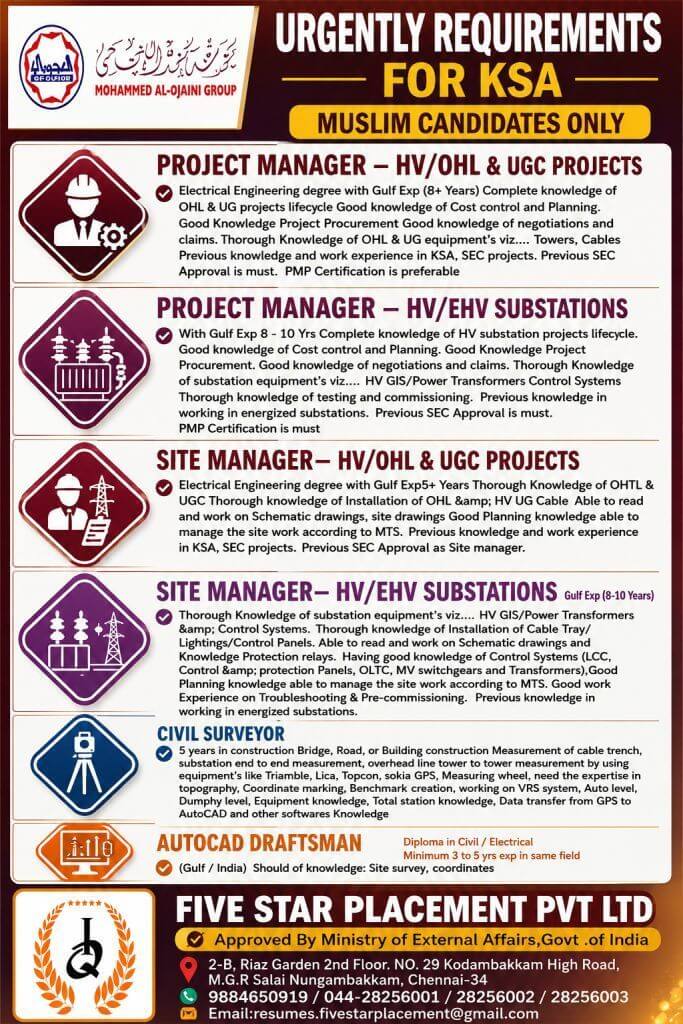 Saudi Arabia Electrical Projects Jobs 2026 – Immediate Hiring for KSA