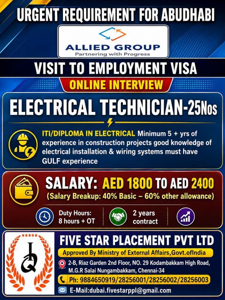 Abu Dhabi Electrical Technician Jobs 2026 | Online Interview | Allied Group UAE Recruitment