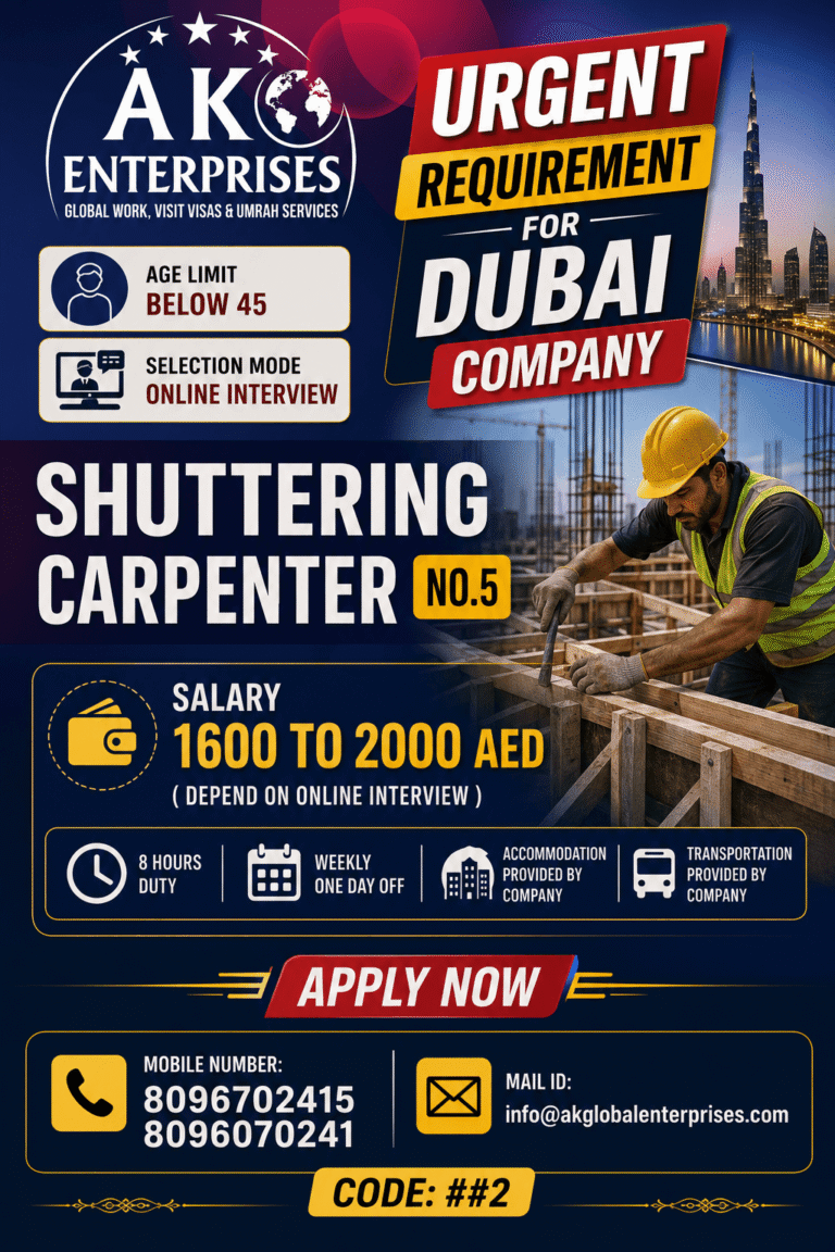 Shuttering Carpenter Jobs in Dubai 2026 – Online Interview | Salary Up to AED 2000
