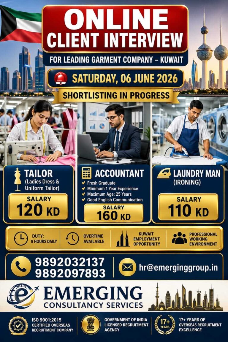 Kuwait Garment Company Jobs 2026 – Online Client Interview on 06 June 2026 | Tailor, Accountant & Laundry Man Vacancies