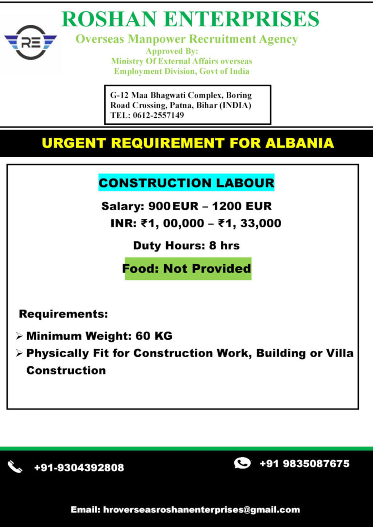 Albania Construction Labour Jobs 2026 – Urgent Recruitment | Salary Up to €1200