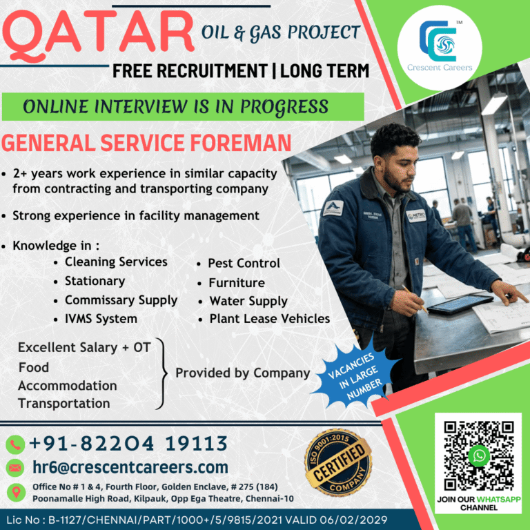 Qatar Oil & Gas Project Jobs 2026 – General Service Foreman Vacancy | Free Recruitment
