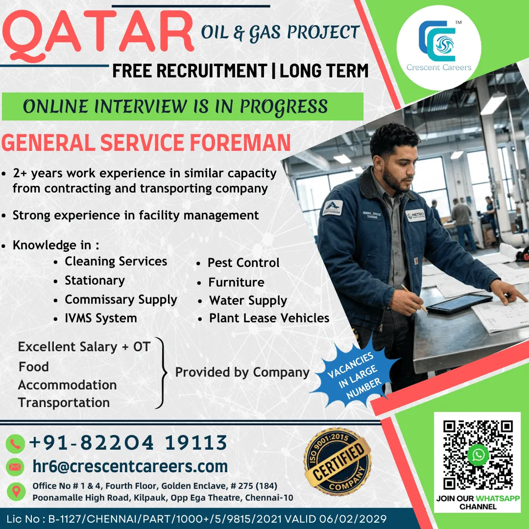 Qatar Oil & Gas Project Jobs 2026 – General Service Foreman Vacancy | Free Recruitment
