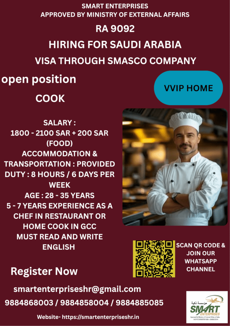 Saudi Arabia Cook Jobs 2026 – Hiring for VVIP Home Through SMASCO Company | Salary Up to 2300 SAR
