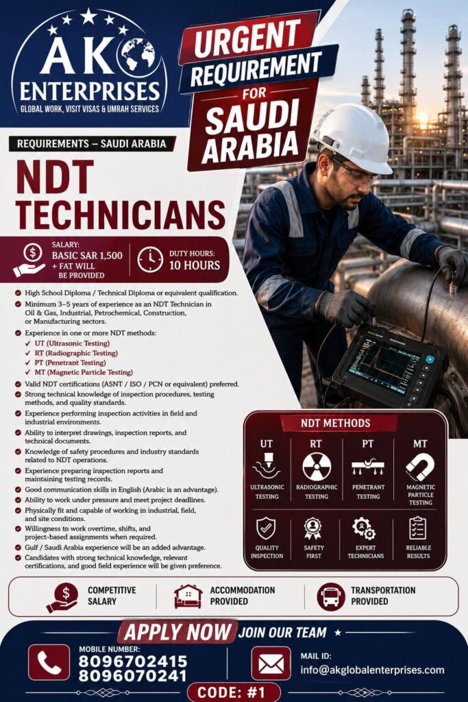 Saudi Arabia NDT Technician Jobs 2026 – Apply Now for Industrial Inspection Positions