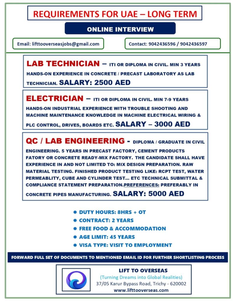 UAE Long-Term Job Vacancies 2026 – Online Interview | Lab Technician, Electrician & QC/Lab Engineering Jobs