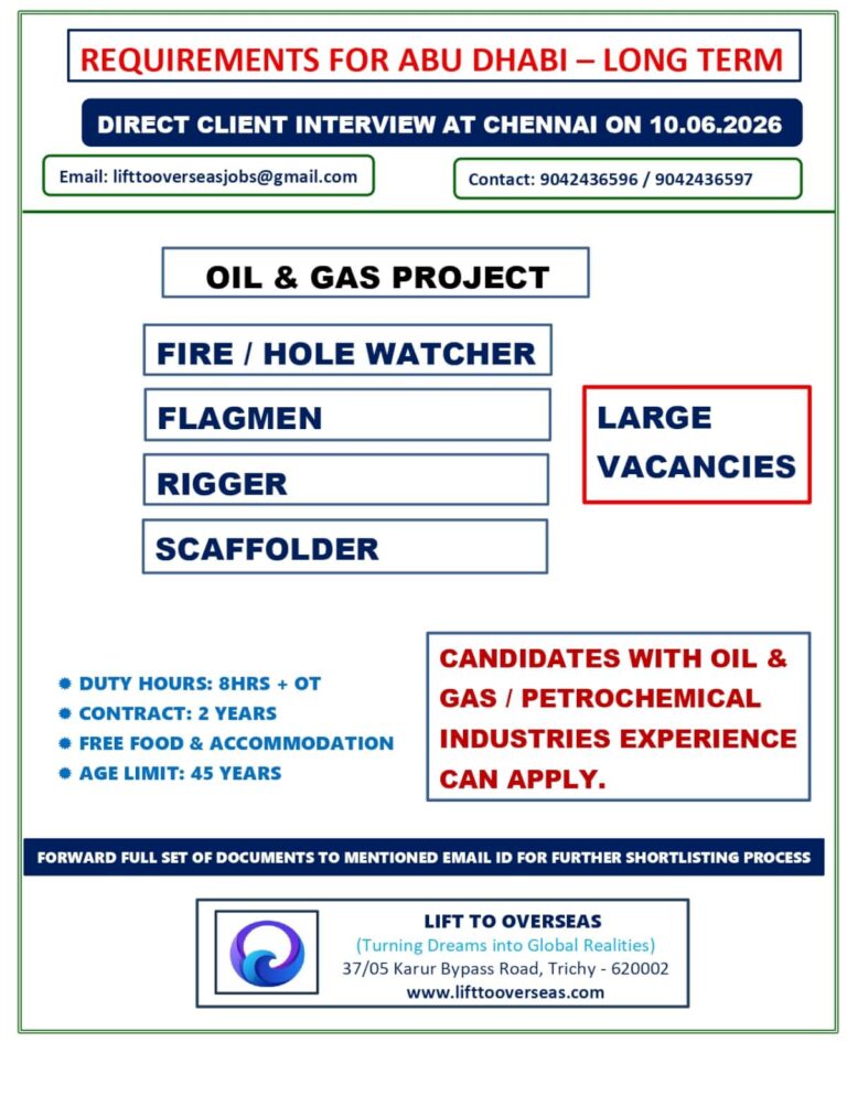 Abu Dhabi Oil & Gas Project Jobs 2026 – Direct Client Interview in Chennai on June 10
