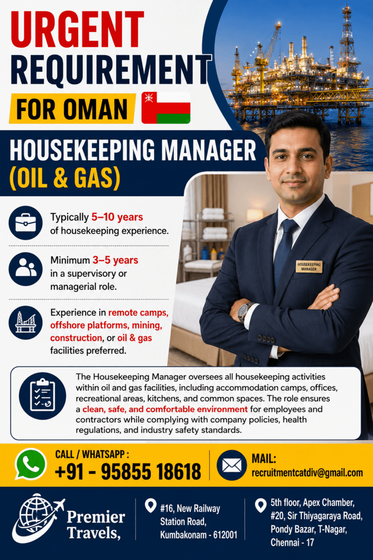 Oman Housekeeping Manager (Oil & Gas) Jobs 2026 – Urgent Requirement | Apply Now