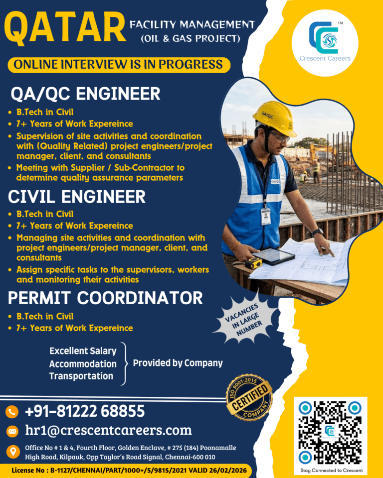 QA/QC Engineer, Civil Engineer & Permit Coordinator Jobs in Qatar 2026 – Online Interview in Progress