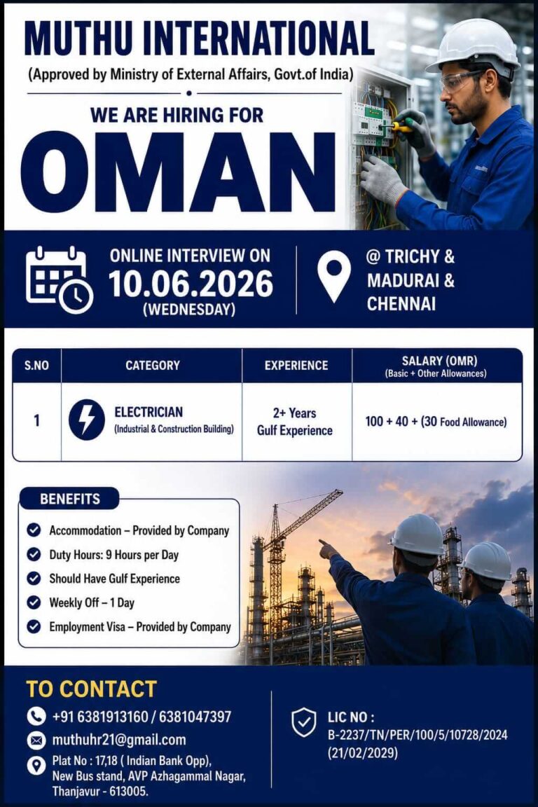Oman Electrician Jobs 2026 – Immediate Hiring for Gulf Experienced Candidates