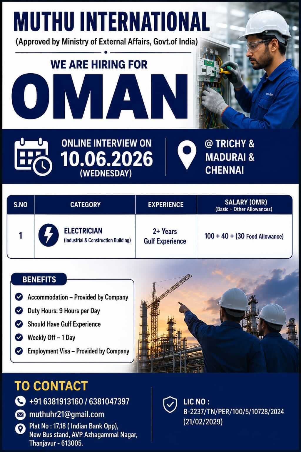 Oman Electrician Jobs 2026 – Immediate Hiring for Gulf Experienced Candidates