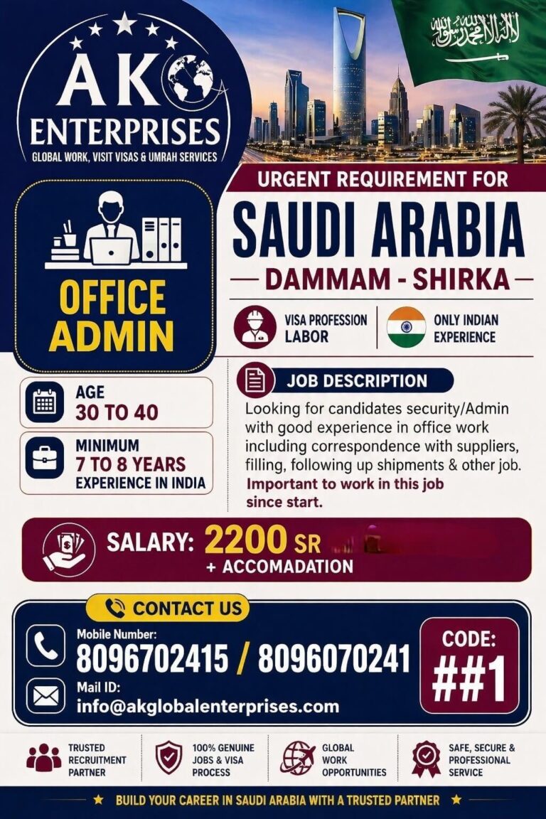 Office Admin Jobs in Saudi Arabia 2026 – Dammam Shirka Company Hiring Indian Candidates