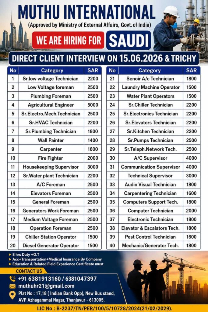 Saudi Arabia Facility Management Jobs 2026 – Direct Client Interview on 15 June 2026 in Trichy