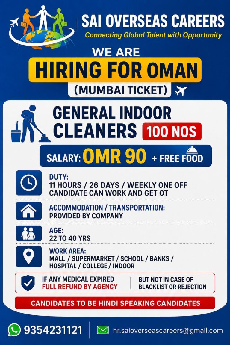 General Indoor Cleaner Jobs in Oman 2026 – Apply Now for 100 Vacancies