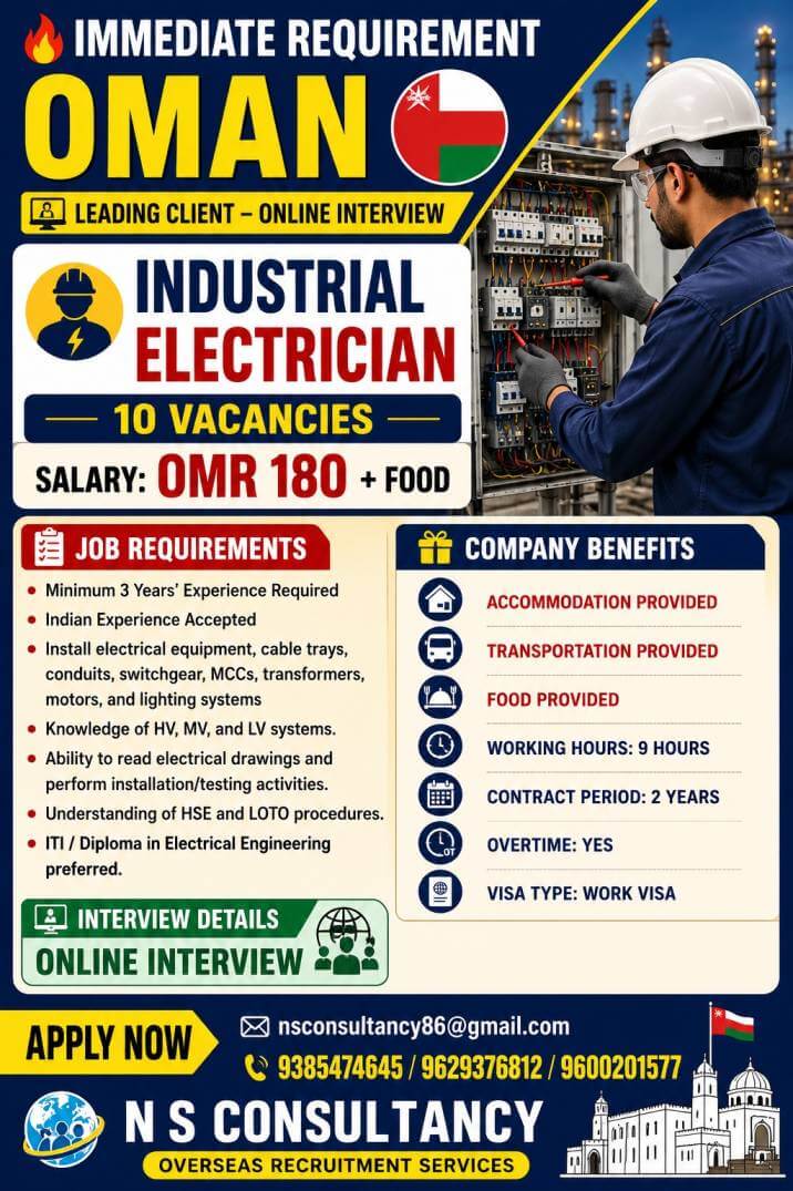 Industrial Electrician Jobs in Oman 2026 | Online Interview | Salary OMR 180 + Food