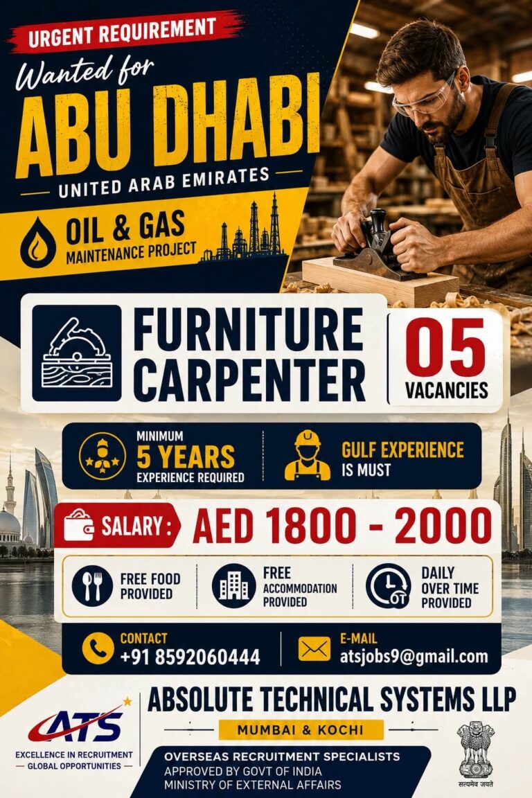Furniture Carpenter Jobs in Abu Dhabi UAE 2026 – Apply Now for Oil & Gas Maintenance Project