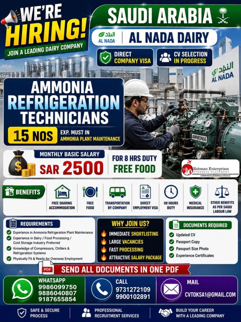 Ammonia Refrigeration Technician Jobs in Saudi Arabia 2026 1 Ammonia Refrigeration Technician Jobs in Saudi Arabia 2026