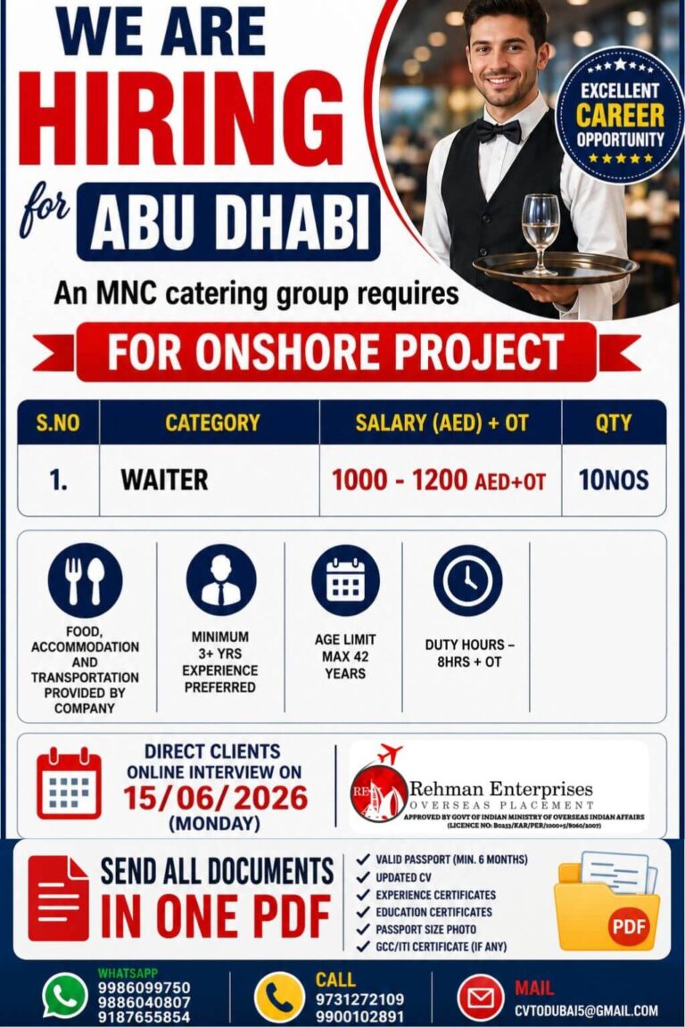 Abu Dhabi Waiter Jobs 2026 – MNC Catering Group Recruitment for Onshore Project | Online Interview on 15 June 2026