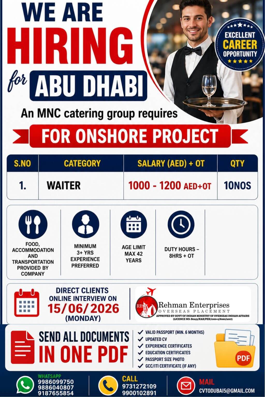 Abu Dhabi Waiter Jobs 2026 – MNC Catering Group Recruitment for Onshore Project | Online Interview on 15 June 2026