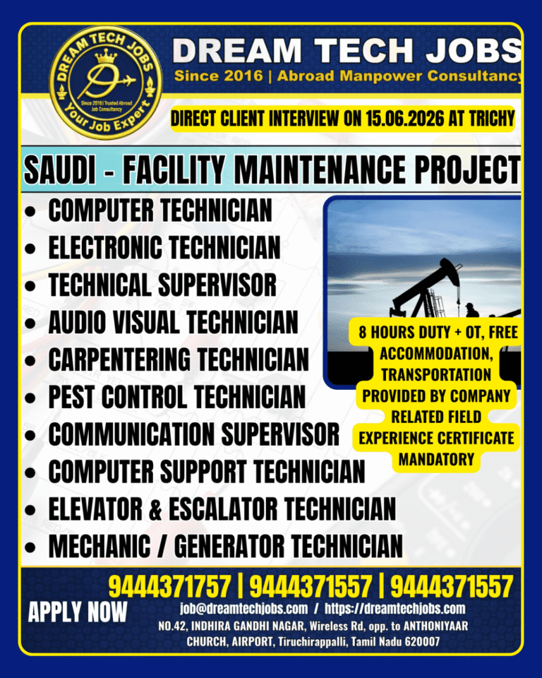 Saudi Facility Maintenance Project Jobs 2026 – Direct Client Interview at Trichy