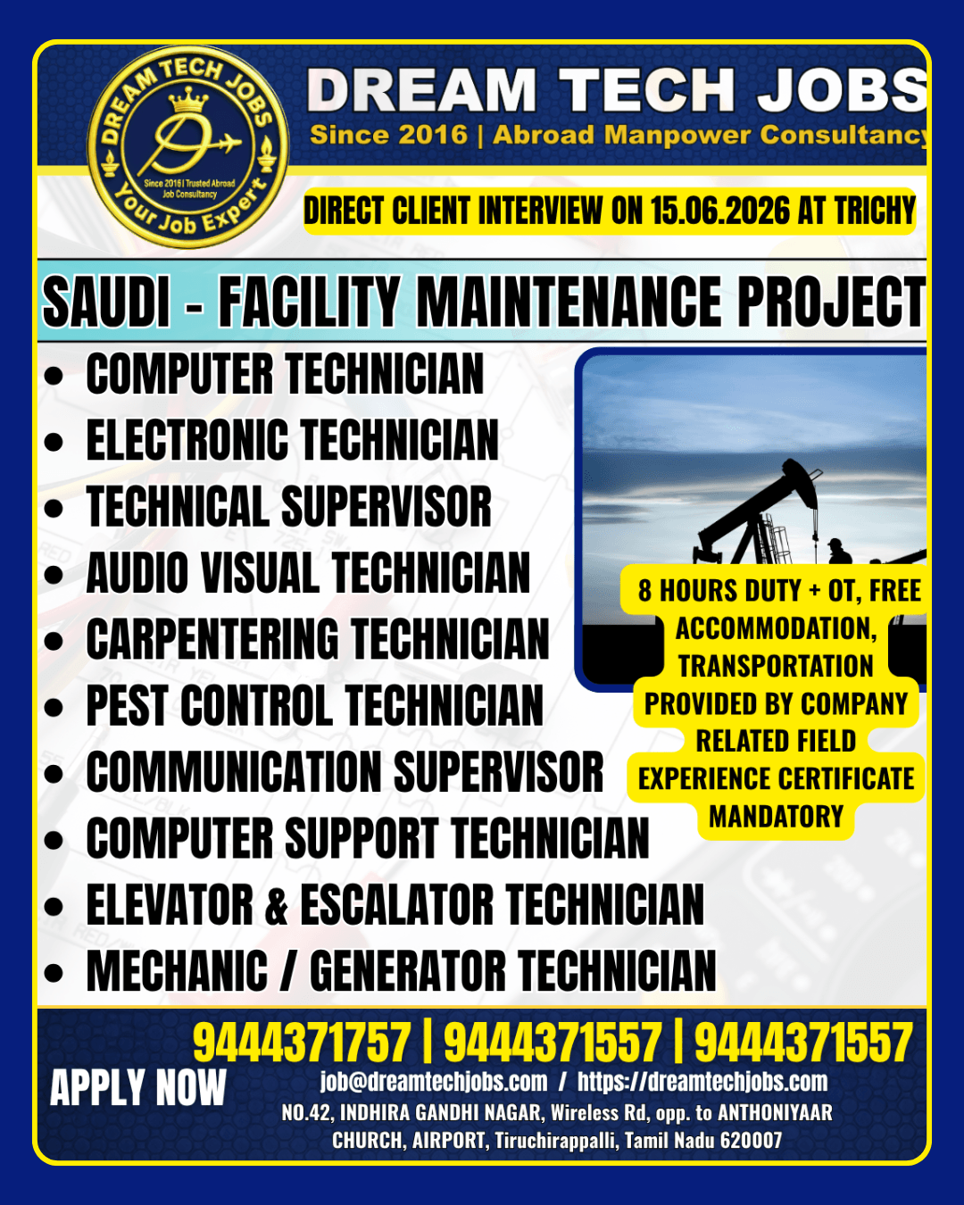 Saudi Facility Maintenance Project Jobs 2026 – Direct Client Interview at Trichy