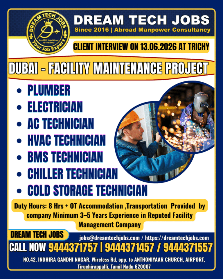 Dubai Facility Maintenance Project Jobs 2026 | Client Interview on 13 June 2026 at Trichy
