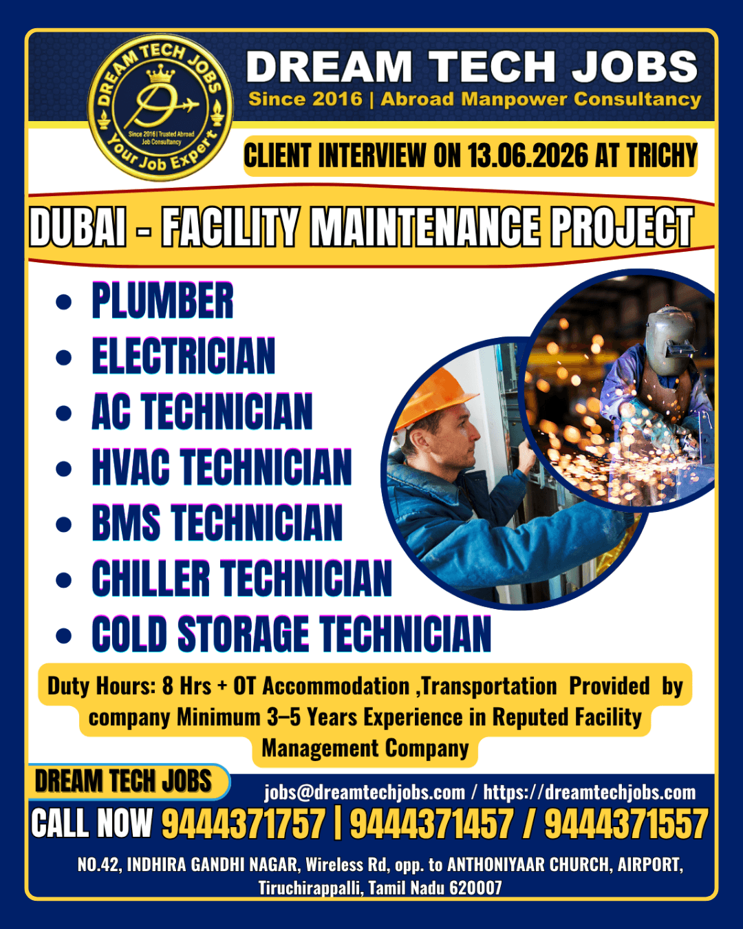 Dubai Facility Maintenance Project Jobs 2026 | Client Interview on 13 June 2026 at Trichy