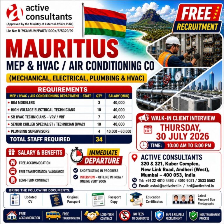 Mauritius MEP & HVAC Company Recruitment 2026 – Immediate Departure Opportunity