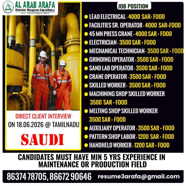 Saudi Arabia Production & Maintenance Jobs 2026 – Direct Client Interview in Tamil Nadu on 18 June 2026