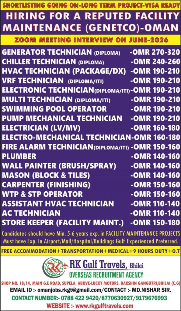Oman Facility Maintenance Jobs 2026 – GENETCO Recruitment | Zoom Interview | Visa Ready