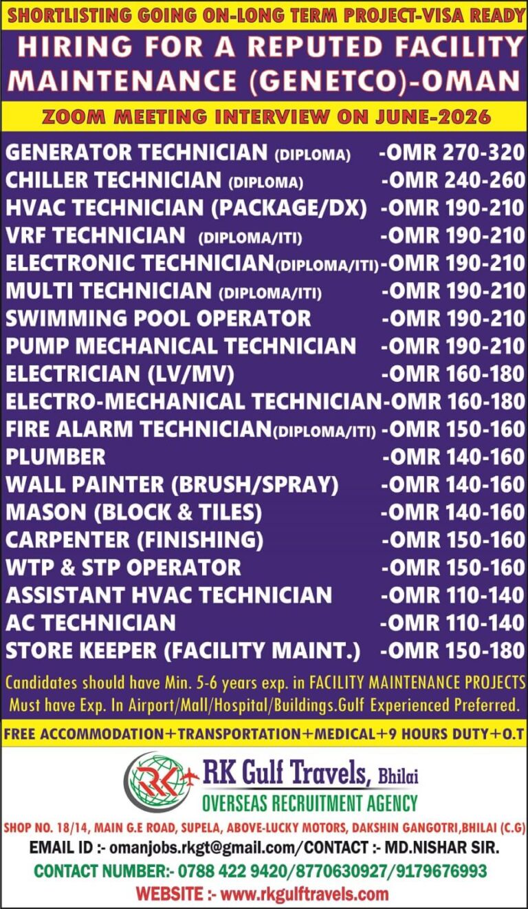 Oman Facility Maintenance Jobs 2026 – GENETCO Recruitment | Zoom Interview | Visa Ready