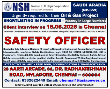 Saudi Arabia Oil & Gas Project Jobs 2026 – Safety Officer Vacancy | Client Interview on 18 June 2026 in Chennai