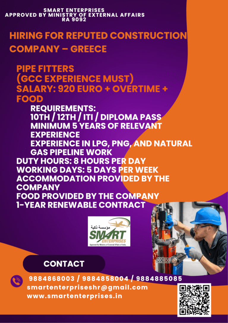 Pipe Fitter Jobs in Greece 2026 – Salary 920 Euro + Overtime + Food | Apply Now